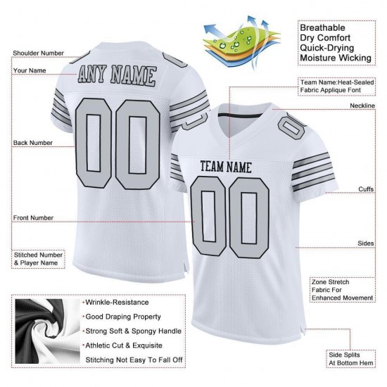 Custom White Silver-Black Mesh Authentic Football Jersey