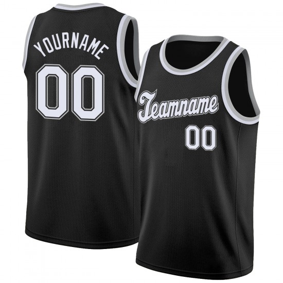 Custom Black White-Silver Gray Round Neck Rib-Knit Basketball Jersey