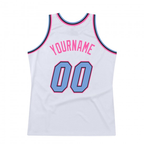 Custom White Light Blue-Pink Authentic Throwback Basketball Jersey