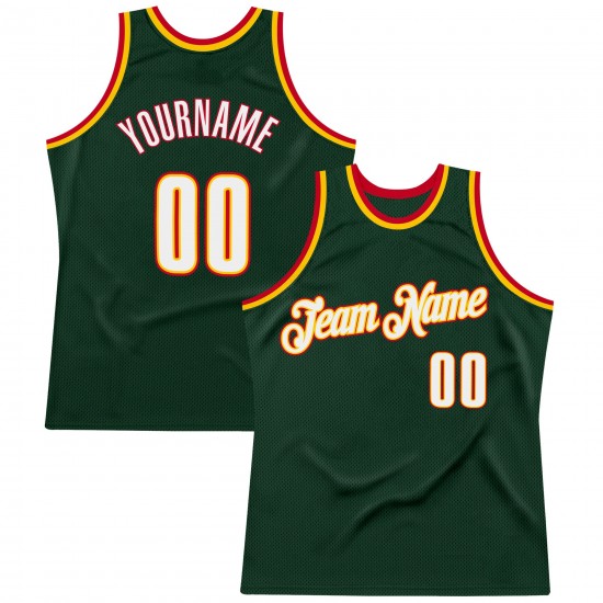 Custom Hunter Green White-Red Authentic Throwback Basketball Jersey