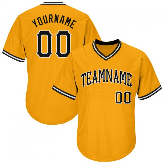 Custom Gold Black-White Authentic Throwback Rib-Knit Baseball Jersey Shirt