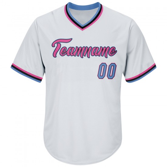 Custom White Light Blue-Pink Authentic Throwback Rib-Knit Baseball Jersey Shirt