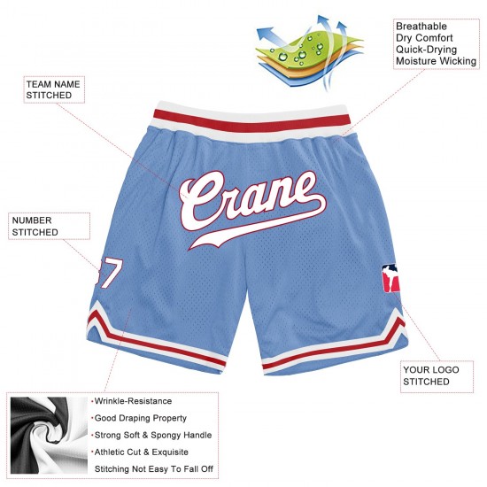 Custom Light Blue White-Red Authentic Throwback Basketball Shorts