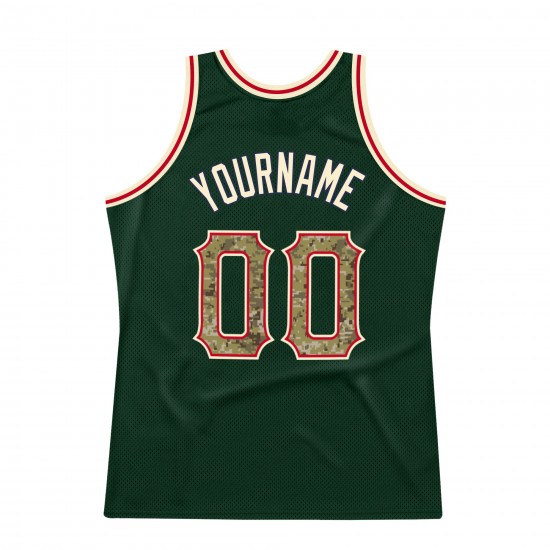 Custom Hunter Green Camo-Cream Authentic Throwback Basketball Jersey