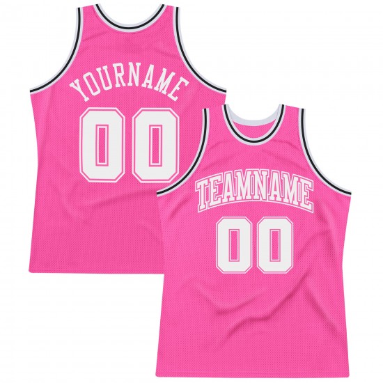 Custom Pink White-Black Authentic Throwback Basketball Jersey