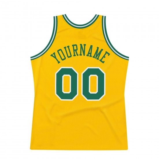 Custom Gold Kelly Green-White Authentic Throwback Basketball Jersey