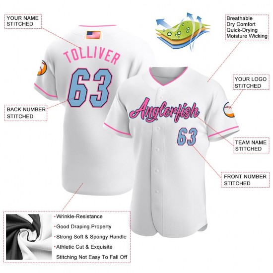 Custom White Light Blue-Pink Authentic American Flag Fashion Baseball Jersey