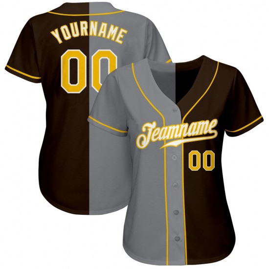 Custom Brown Gold-Gray Authentic Split Fashion Baseball Jersey