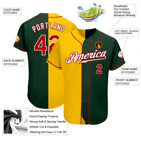 Custom Green Red-Gold Authentic Split Fashion Baseball Jersey