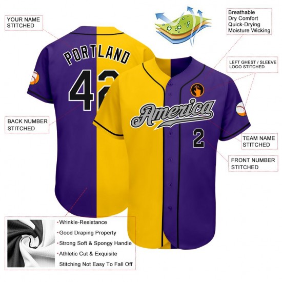 Custom Purple Black-Gold Authentic Split Fashion Baseball Jersey