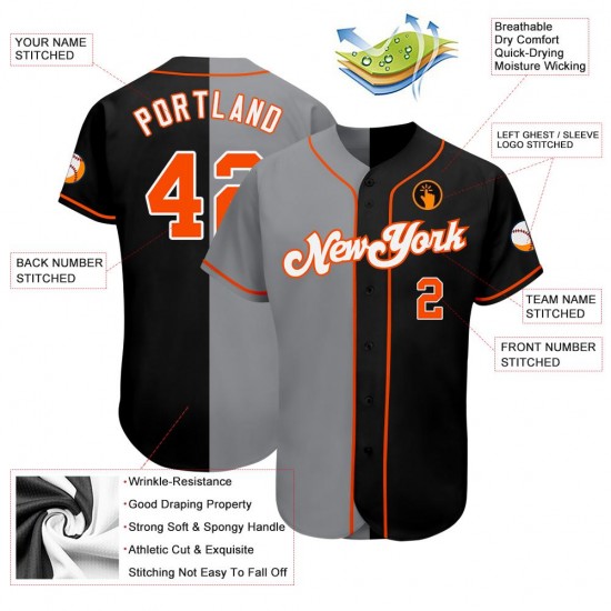 Custom Black Orange-Gray Authentic Split Fashion Baseball Jersey