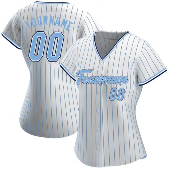 Custom White Light Blue Strip Light Blue-Navy Authentic Baseball Jersey