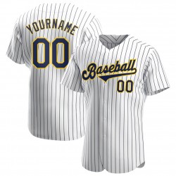 Custom White Navy Strip Navy-Gold Authentic Baseball Jersey