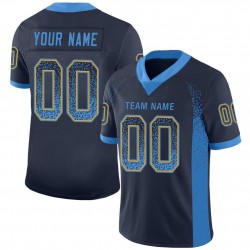 Custom Navy Powder Blue-Gold Mesh Drift Fashion Football Jersey