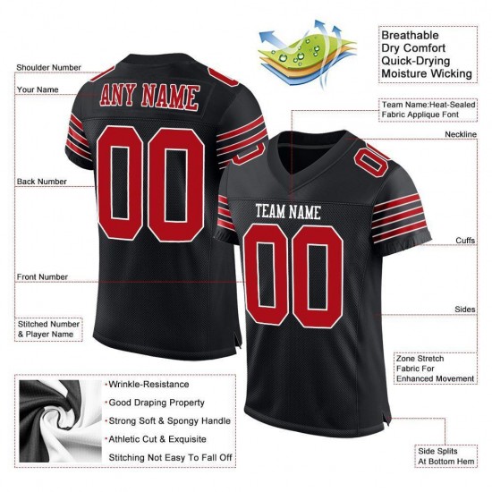 Custom Black Red-White Mesh Authentic Football Jersey