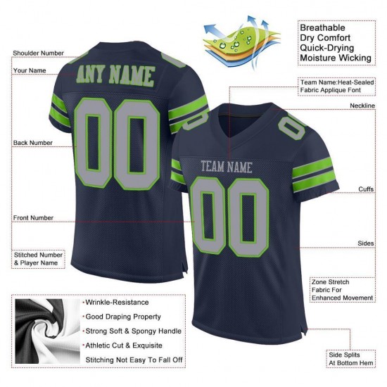 Custom Navy Light Gray-Neon Green Mesh Authentic Football Jersey