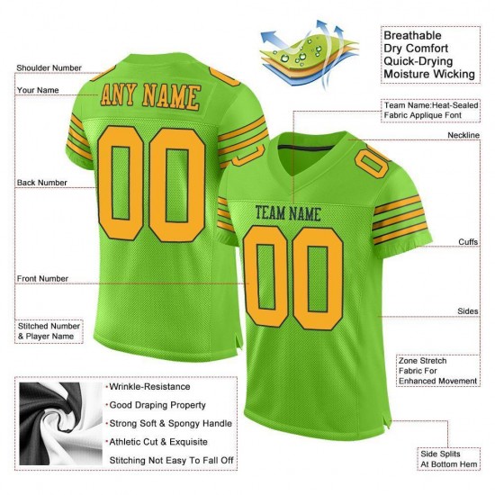 Custom Neon Green Gold-Navy Mesh Authentic Football Jersey