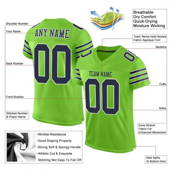 Custom Neon Green Navy-White Mesh Authentic Football Jersey