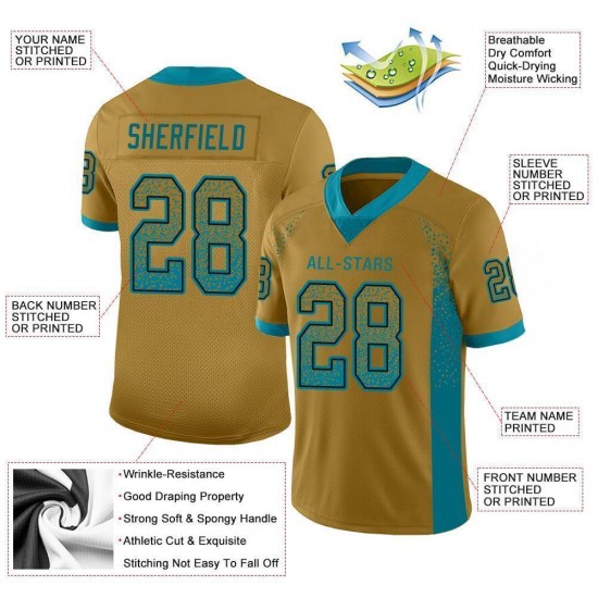 Custom Old Gold Teal-Black Mesh Drift Fashion Football Jersey