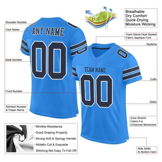 Custom Powder Blue Navy-White Mesh Authentic Football Jersey