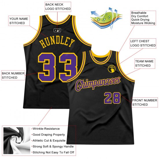 Custom Black Purple-Gold Authentic Throwback Basketball Jersey