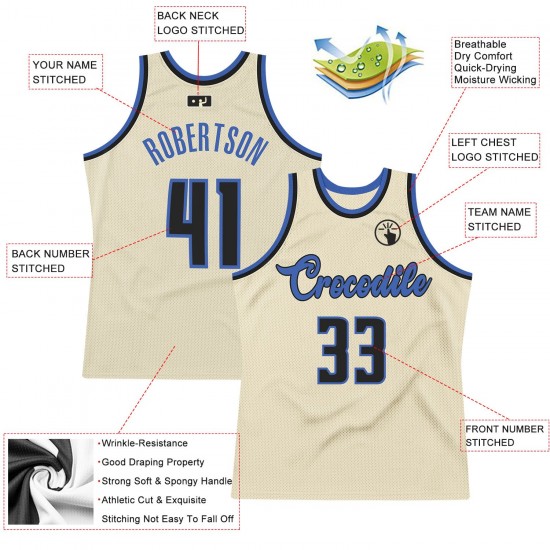 Custom Cream Black-Blue Authentic Throwback Basketball Jersey