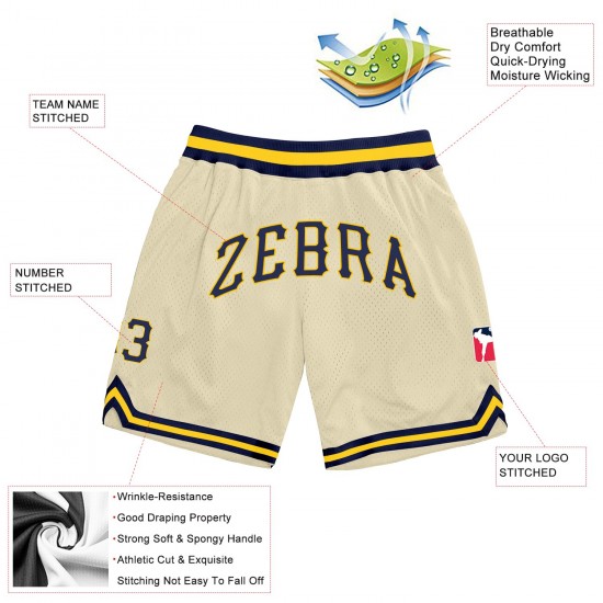 Custom Cream Navy-Gold Authentic Throwback Basketball Shorts