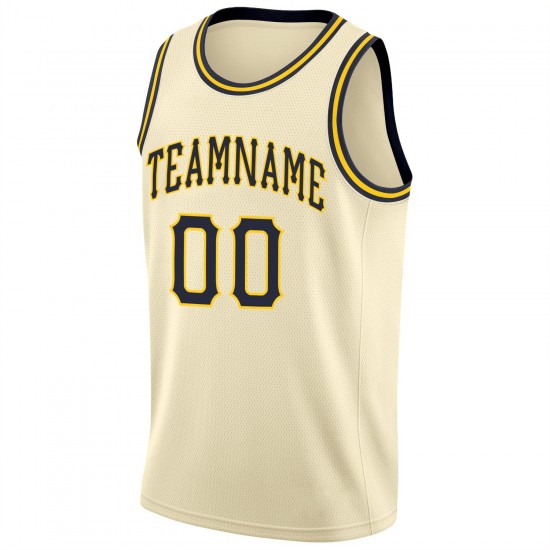 Custom Cream Navy-Gold Round Neck Rib-Knit Basketball Jersey