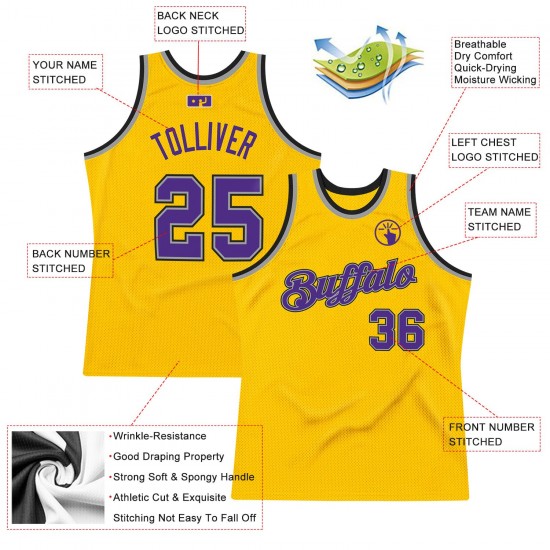 Custom Gold Purple-Silver Gray Authentic Throwback Basketball Jersey