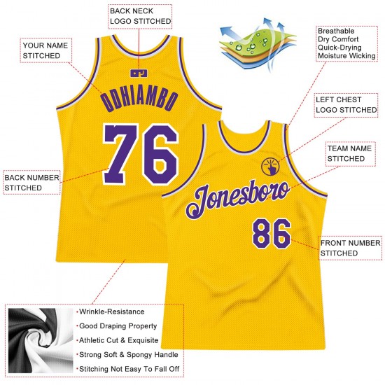 Custom Gold Purple-White Authentic Throwback Basketball Jersey