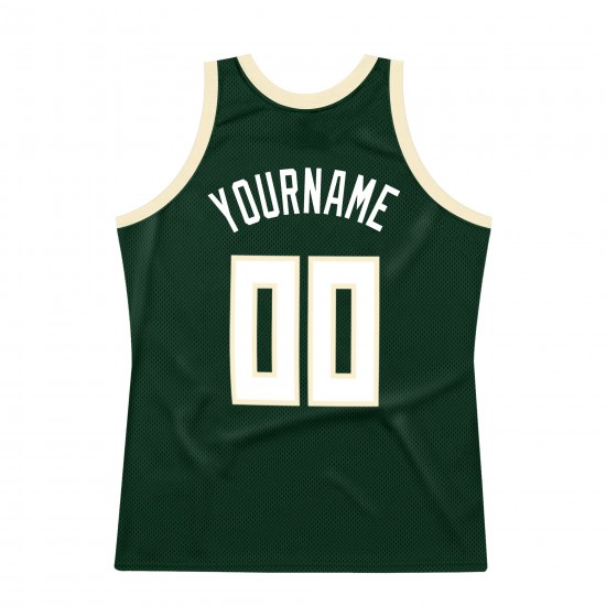 Custom Hunter Green White-Cream Authentic Throwback Basketball Jersey