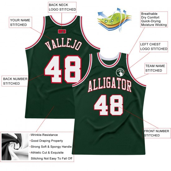 Custom Hunter Green White-Red Authentic Throwback Basketball Jersey