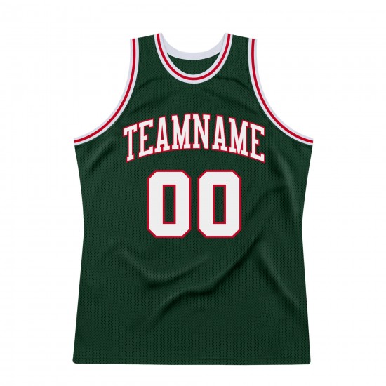 Custom Hunter Green White-Red Authentic Throwback Basketball Jersey