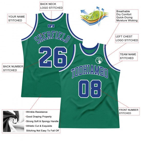 Custom Kelly Green Royal-White Authentic Throwback Basketball Jersey