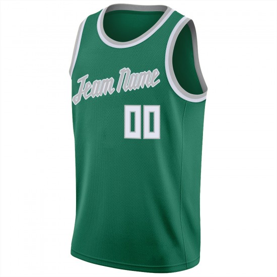 Custom Kelly Green White-Silver Gray Round Neck Rib-Knit Basketball Jersey