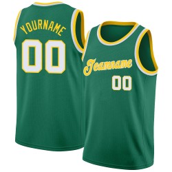 Custom Kelly Green White-Gold Round Neck Rib-Knit Basketball Jersey