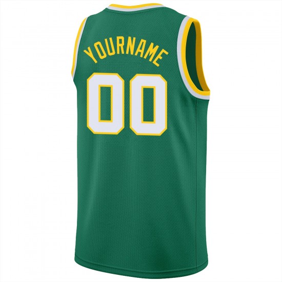 Custom Kelly Green White-Gold Round Neck Rib-Knit Basketball Jersey