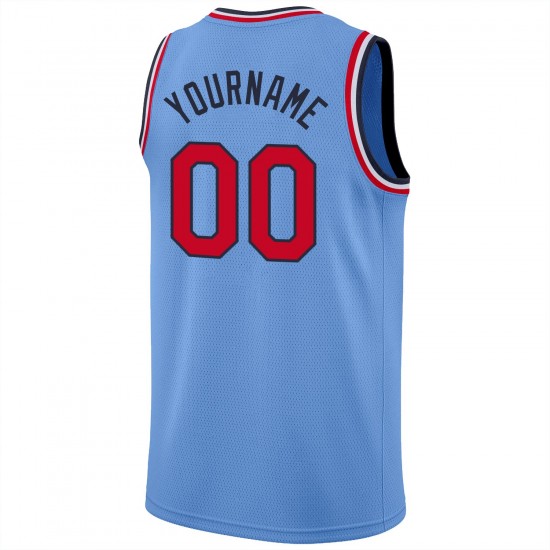 Custom Light Blue Red-Navy Round Neck Rib-Knit Basketball Jersey