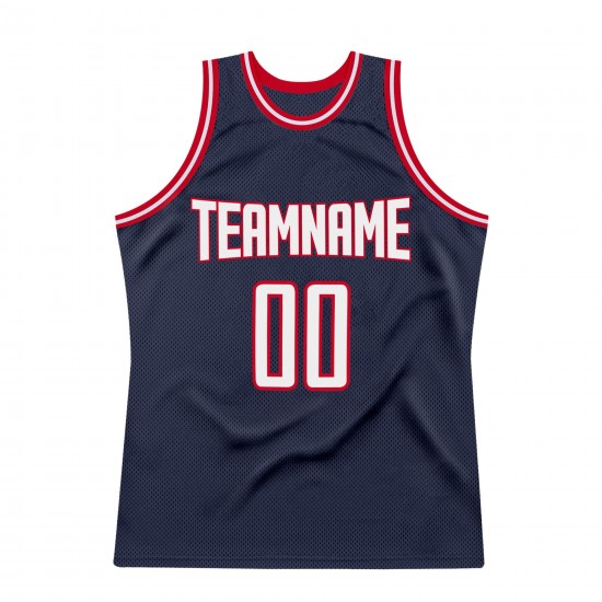 Custom Navy White-Red Authentic Throwback Basketball Jersey