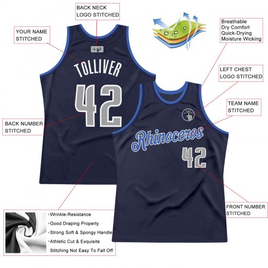 Custom Navy Silver Gray-Blue Authentic Throwback Basketball Jersey