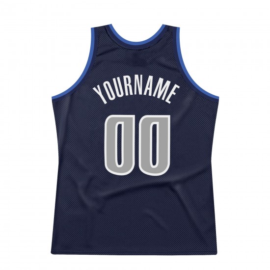 Custom Navy Silver Gray-Blue Authentic Throwback Basketball Jersey