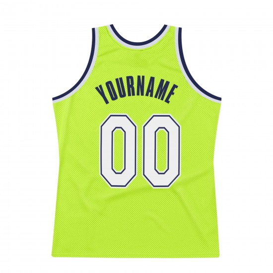 Custom Neon Green White-Navy Authentic Throwback Basketball Jersey