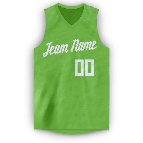 Custom Neon Green White V-Neck Basketball Jersey