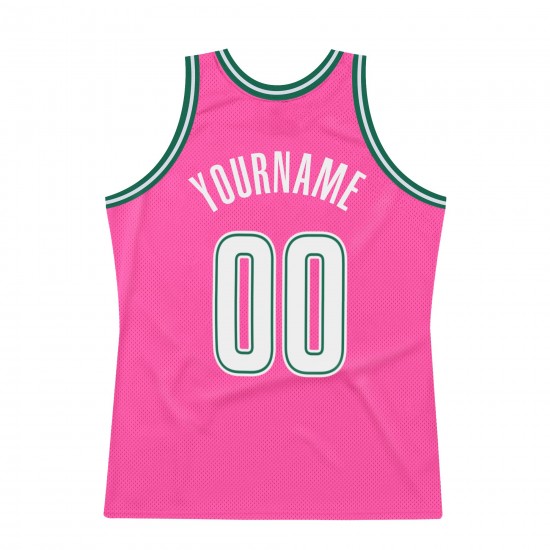 Custom Pink White-Kelly Green Authentic Throwback Basketball Jersey