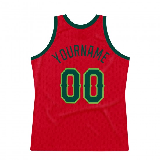 Custom Red Hunter Green-Neon Green Authentic Throwback Basketball Jersey