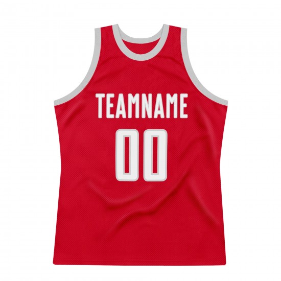 Custom Red White-Silver Gray Authentic Throwback Basketball Jersey