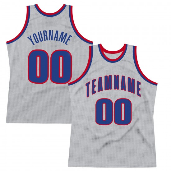 Custom Silver Gray Royal-Red Authentic Throwback Basketball Jersey