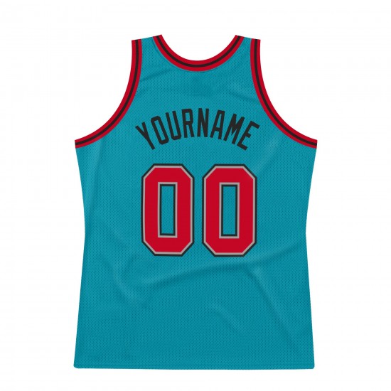 Custom Teal Red-Black Authentic Throwback Basketball Jersey