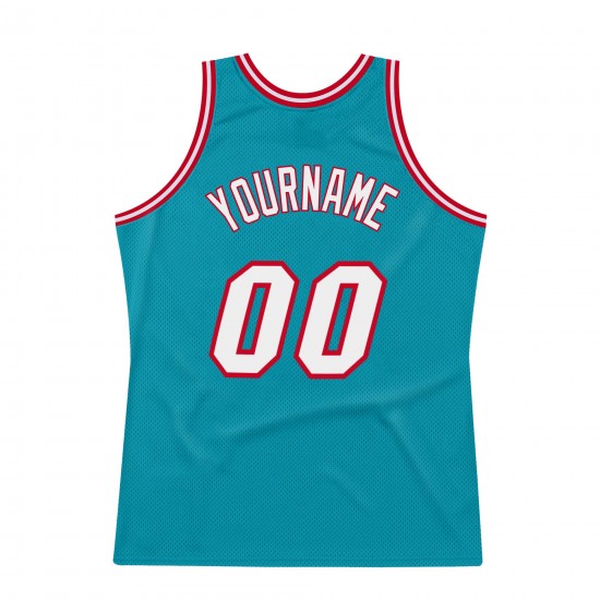 Custom Teal White-Red Authentic Throwback Basketball Jersey