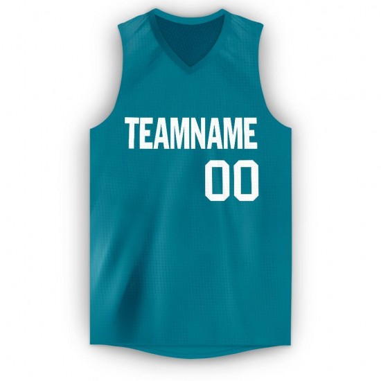 Custom Teal White V-Neck Basketball Jersey